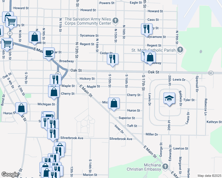 map of restaurants, bars, coffee shops, grocery stores, and more near 317 South 15th Street in Niles