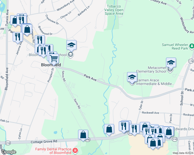 map of restaurants, bars, coffee shops, grocery stores, and more near 565 Park Avenue in Bloomfield