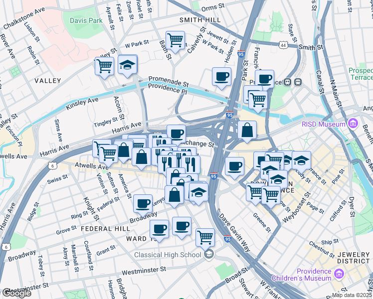 map of restaurants, bars, coffee shops, grocery stores, and more near 55 Cedar Street in Providence