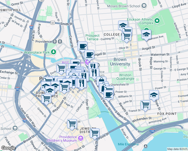 map of restaurants, bars, coffee shops, grocery stores, and more near 72 South Main Street in Providence