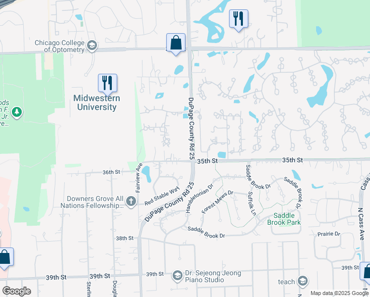 map of restaurants, bars, coffee shops, grocery stores, and more near 3412 Meyers Road in Oak Brook