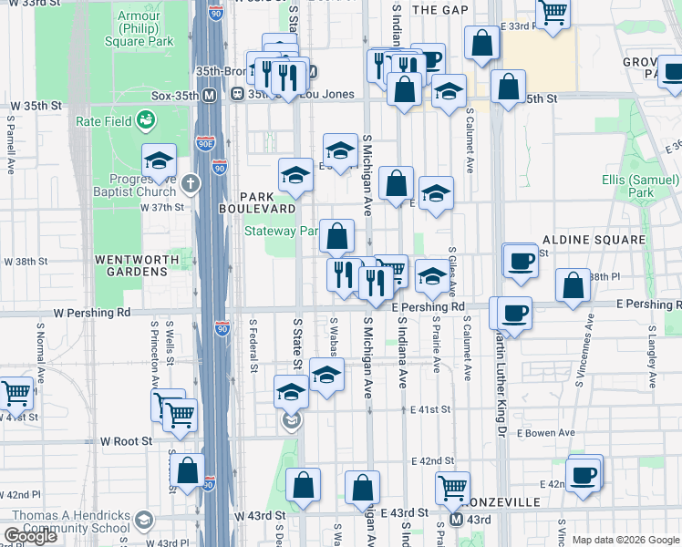 map of restaurants, bars, coffee shops, grocery stores, and more near 3819 South Wabash Avenue in Chicago