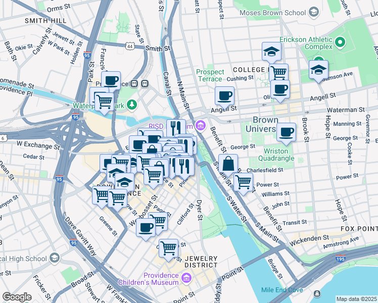 map of restaurants, bars, coffee shops, grocery stores, and more near 17 Custom House Street in Providence