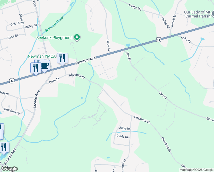 map of restaurants, bars, coffee shops, grocery stores, and more near 149R Chestnut Street in Seekonk