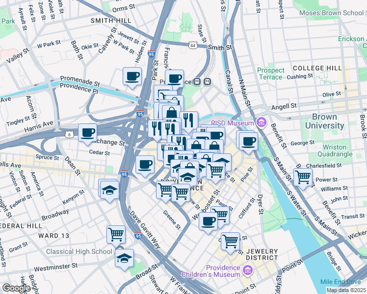 map of restaurants, bars, coffee shops, grocery stores, and more near Route 1 in Providence