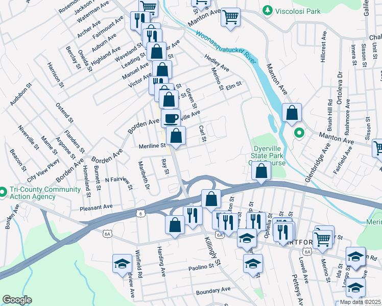 map of restaurants, bars, coffee shops, grocery stores, and more near 12 Sunnyside Avenue in Johnston