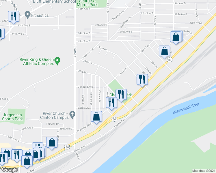 map of restaurants, bars, coffee shops, grocery stores, and more near 2399 Wallace Street in Clinton