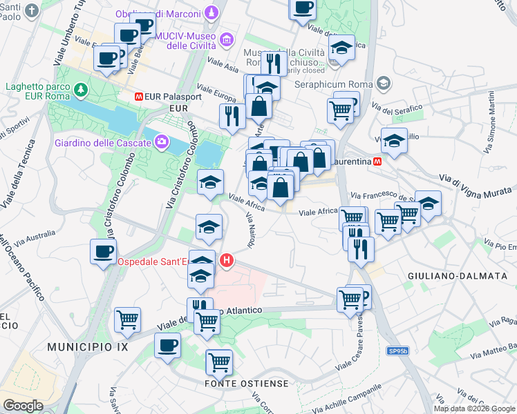 map of restaurants, bars, coffee shops, grocery stores, and more near 73 Viale Africa in Rome