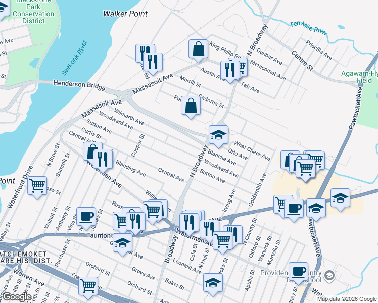 map of restaurants, bars, coffee shops, grocery stores, and more near 230 Sutton Avenue in East Providence