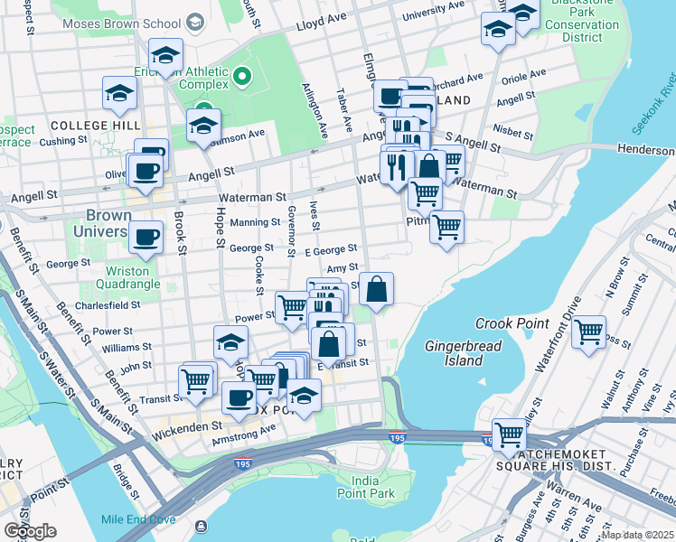 map of restaurants, bars, coffee shops, grocery stores, and more near 74 Preston Street in Providence