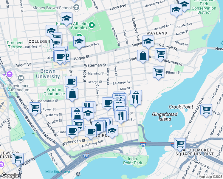 map of restaurants, bars, coffee shops, grocery stores, and more near 121 Governor Street in Providence