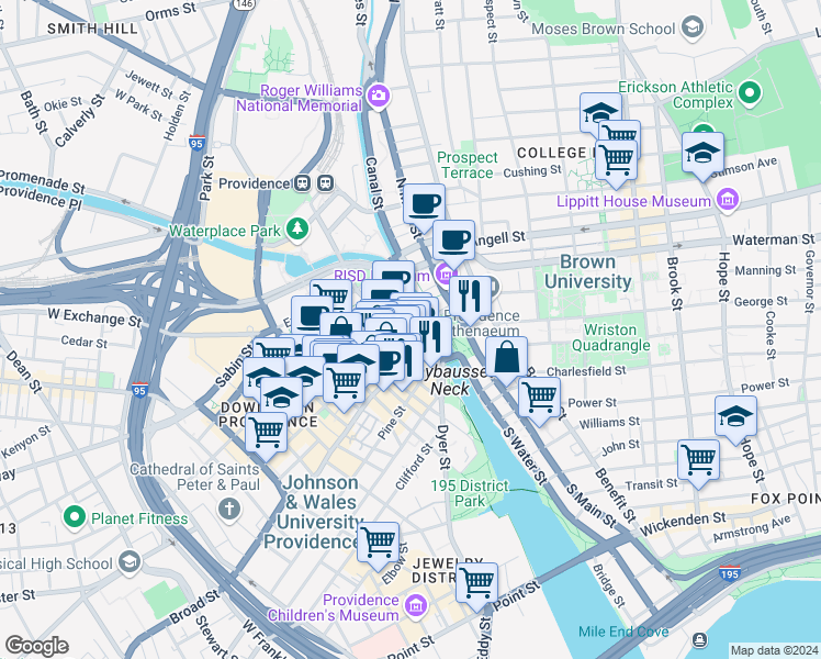 map of restaurants, bars, coffee shops, grocery stores, and more near 17 Custom House Street in Providence