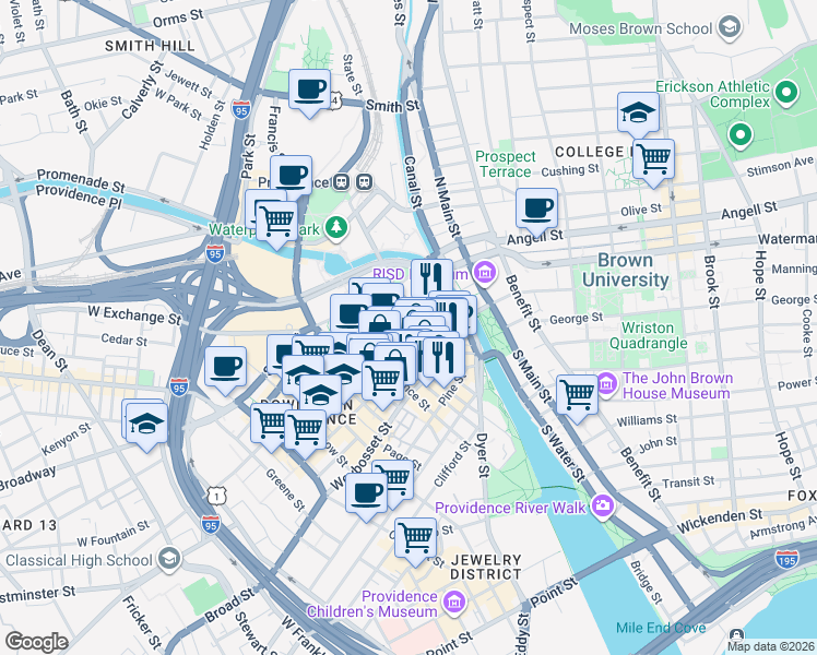 map of restaurants, bars, coffee shops, grocery stores, and more near in Providence