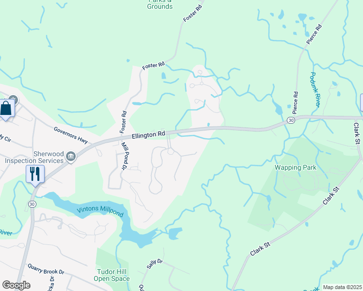 map of restaurants, bars, coffee shops, grocery stores, and more near 166 Candlewood Drive in South Windsor