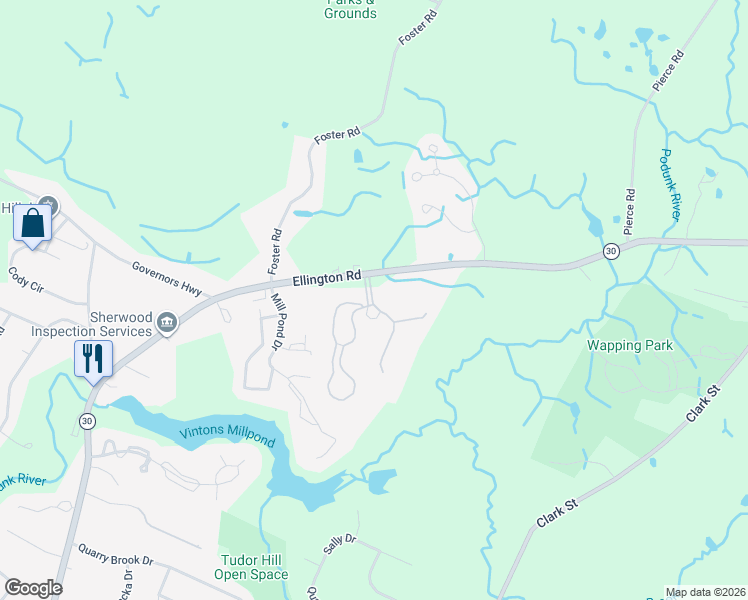 map of restaurants, bars, coffee shops, grocery stores, and more near 166 Candlewood Drive in South Windsor