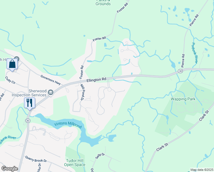 map of restaurants, bars, coffee shops, grocery stores, and more near 1103 Twin Circle Drive in South Windsor
