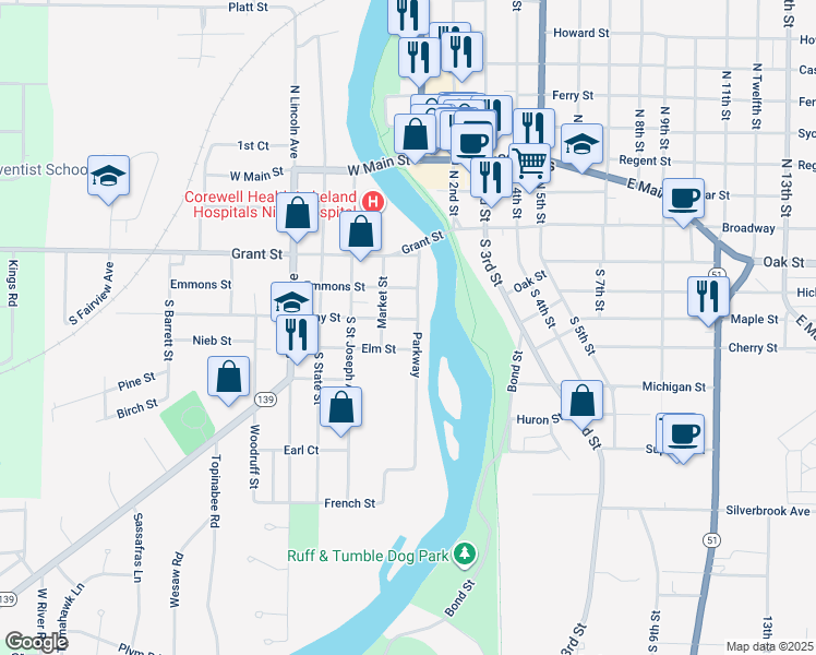 map of restaurants, bars, coffee shops, grocery stores, and more near 224 Parkway in Niles
