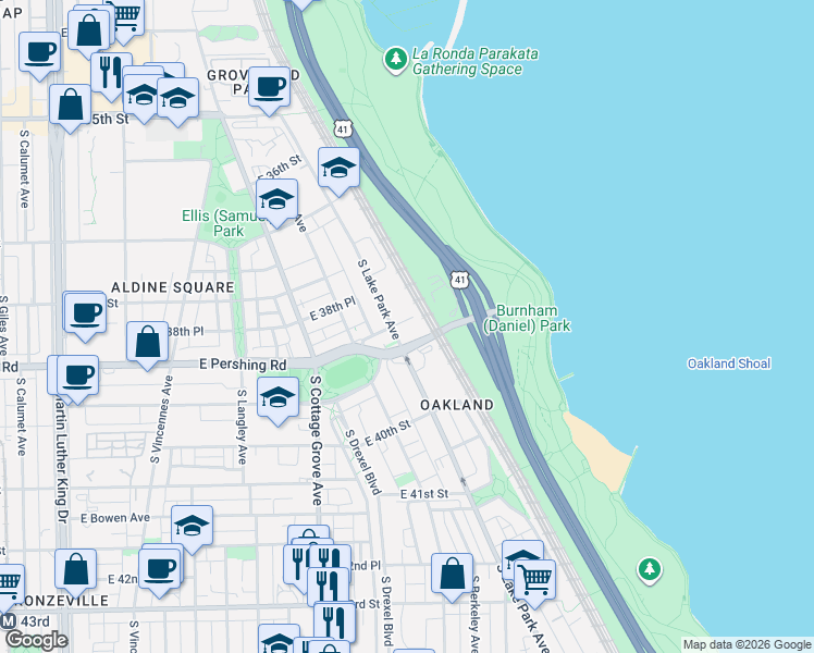 map of restaurants, bars, coffee shops, grocery stores, and more near 3903 South Lake Park Avenue in Chicago