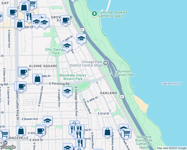 map of restaurants, bars, coffee shops, grocery stores, and more near 865 East Pershing Road in Chicago