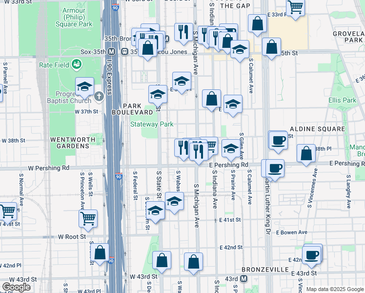 map of restaurants, bars, coffee shops, grocery stores, and more near 3837 South Wabash Avenue in Chicago