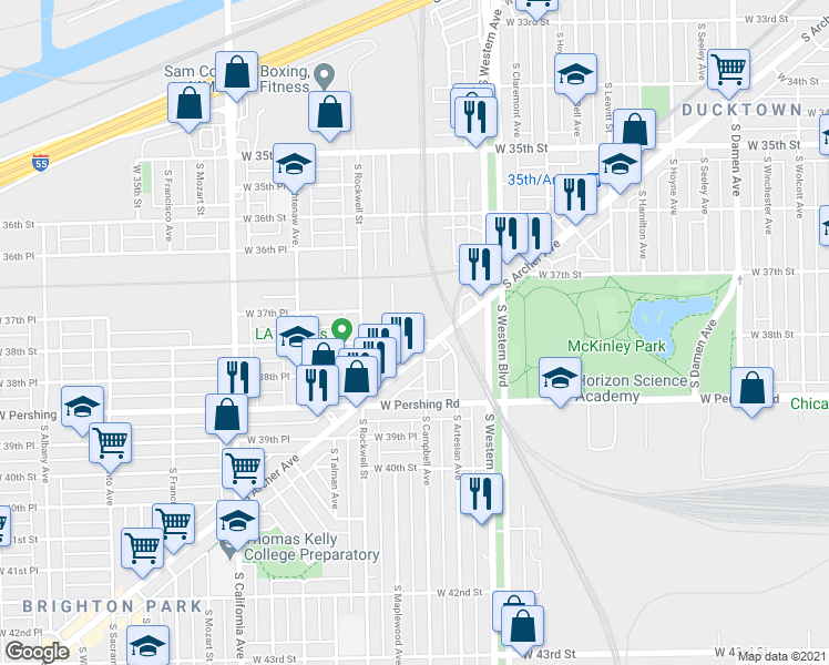 map of restaurants, bars, coffee shops, grocery stores, and more near 3791 South Archer Avenue in Chicago