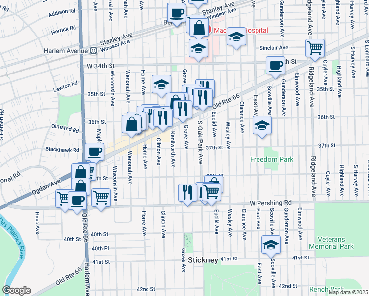 map of restaurants, bars, coffee shops, grocery stores, and more near 3711 Grove Avenue in Berwyn