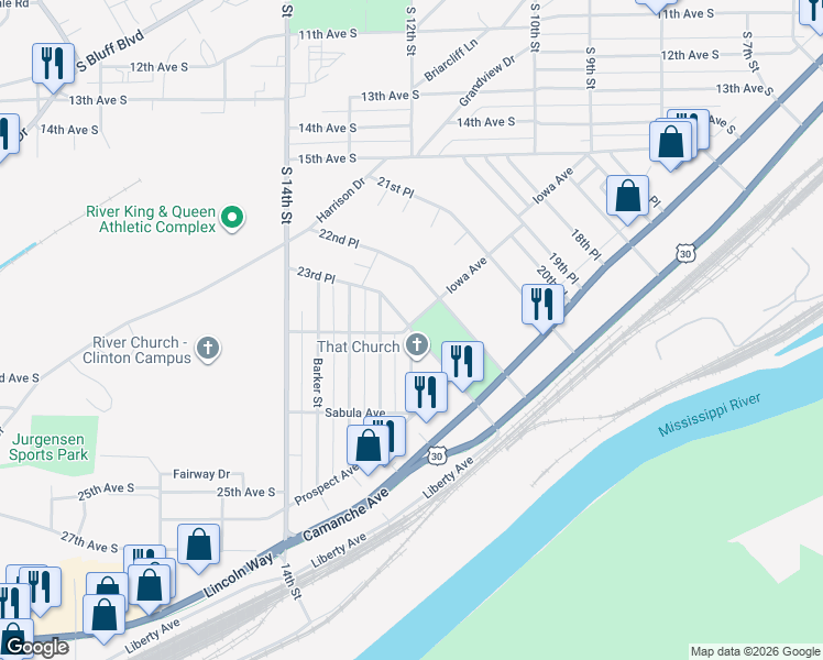 map of restaurants, bars, coffee shops, grocery stores, and more near 300 23rd Place in Clinton
