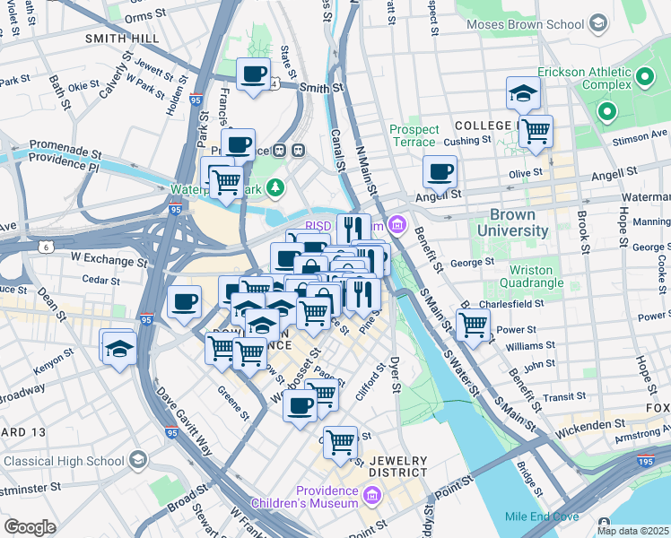 map of restaurants, bars, coffee shops, grocery stores, and more near Kennedy Plaza in Providence