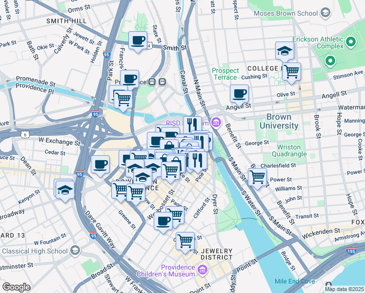 map of restaurants, bars, coffee shops, grocery stores, and more near Kennedy Plaza in Providence