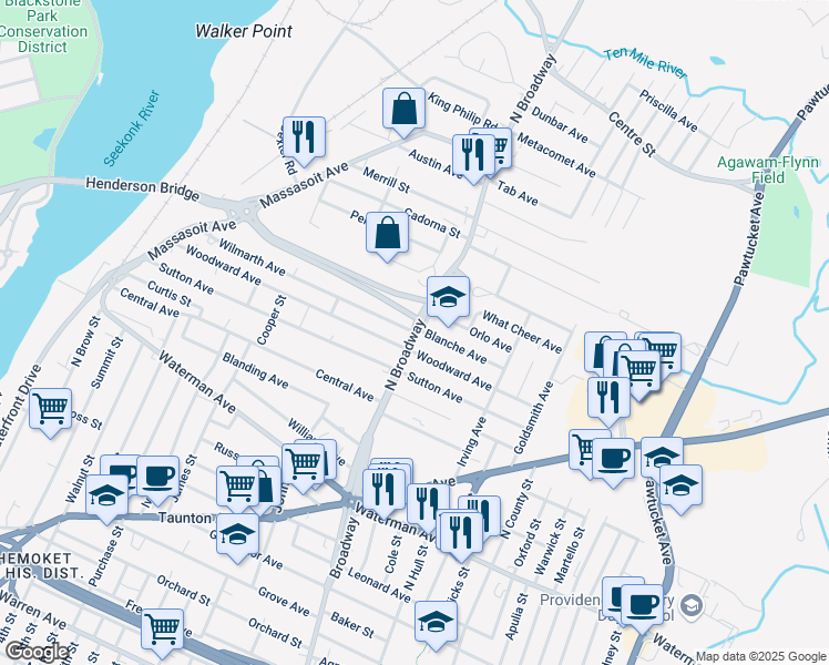 map of restaurants, bars, coffee shops, grocery stores, and more near 600 North Broadway in East Providence