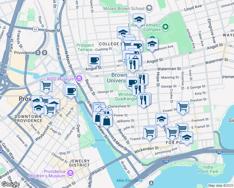 map of restaurants, bars, coffee shops, grocery stores, and more near 38 Brown Street in Providence