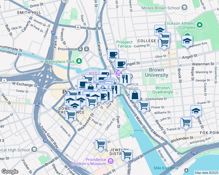 map of restaurants, bars, coffee shops, grocery stores, and more near 40 Westminster Street in Providence