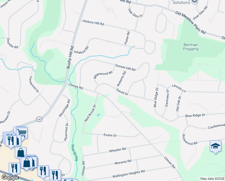 map of restaurants, bars, coffee shops, grocery stores, and more near 34 Climax Road in Simsbury