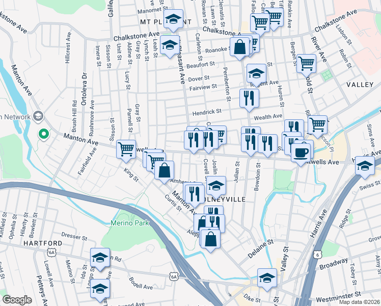 map of restaurants, bars, coffee shops, grocery stores, and more near Atwells Ave & Mt Pleasant Ave in Providence