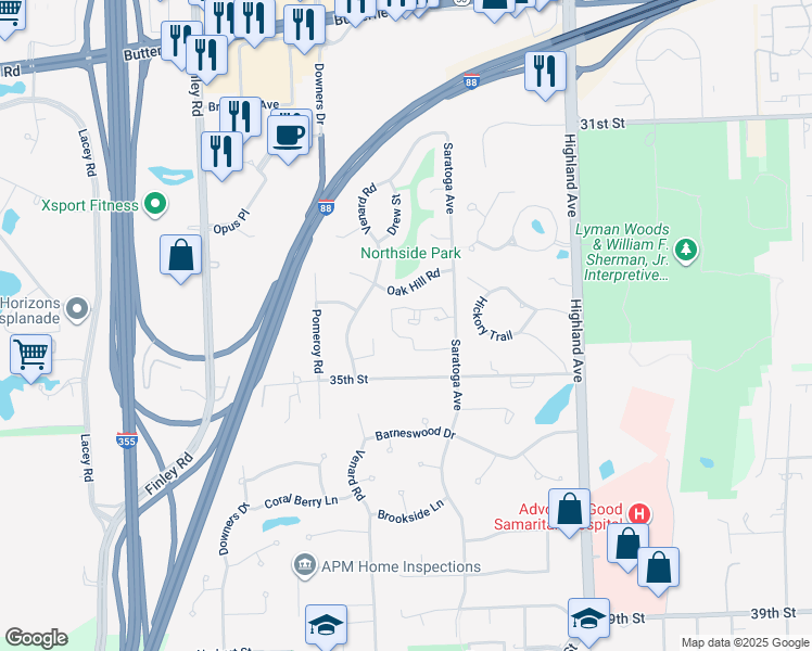 map of restaurants, bars, coffee shops, grocery stores, and more near 1350 35th Street in Downers Grove