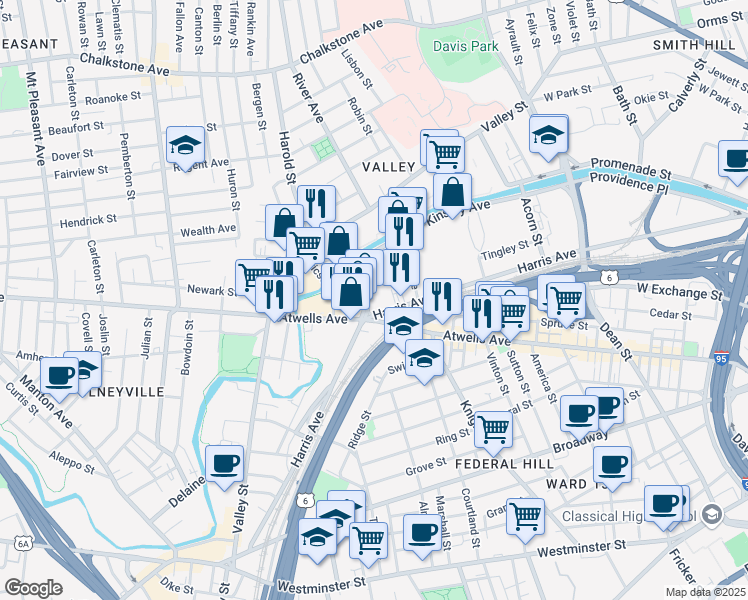 map of restaurants, bars, coffee shops, grocery stores, and more near 519 Atwells Avenue in Providence