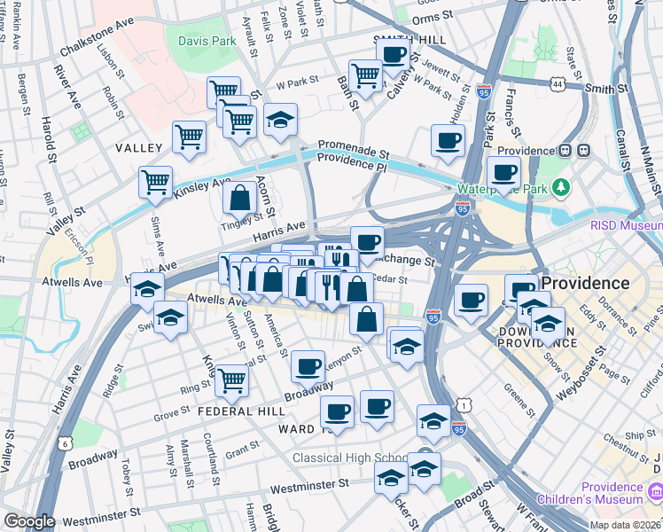 map of restaurants, bars, coffee shops, grocery stores, and more near 101 Cedar Street in Providence
