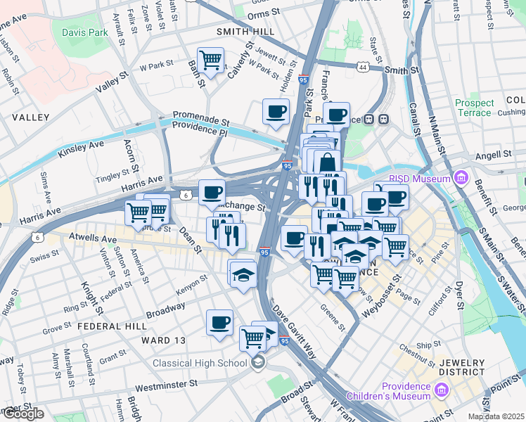 map of restaurants, bars, coffee shops, grocery stores, and more near 1 Fox Place in Providence