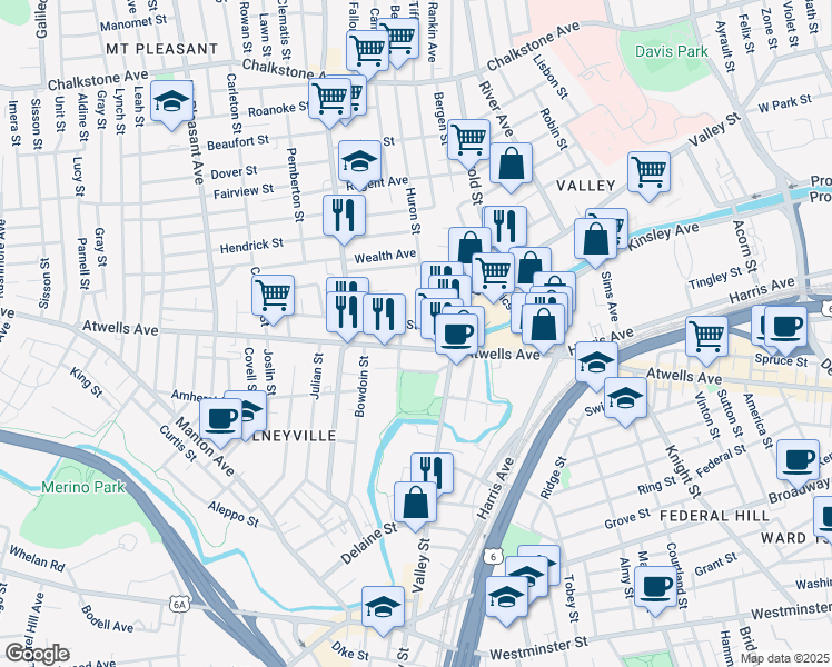 map of restaurants, bars, coffee shops, grocery stores, and more near 712 Atwells Avenue in Providence