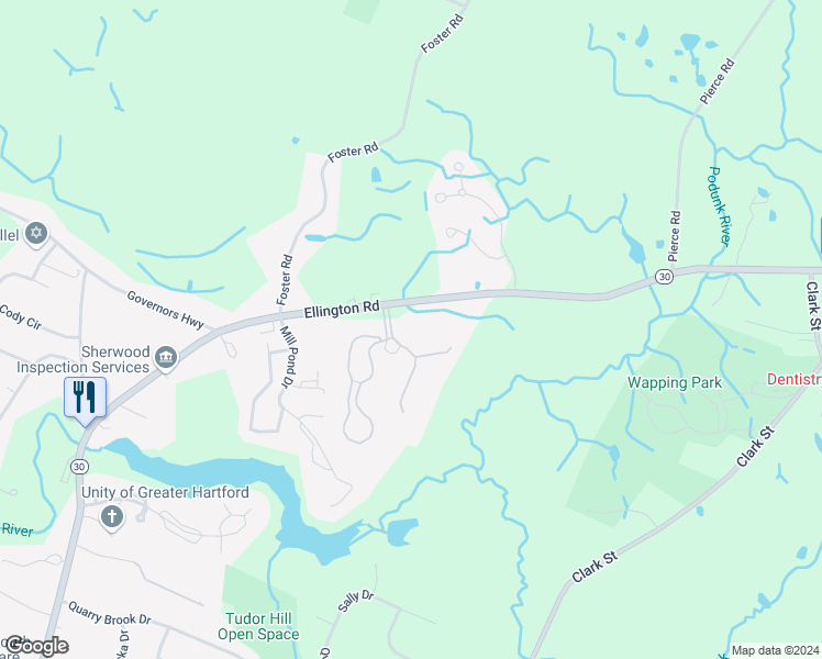 map of restaurants, bars, coffee shops, grocery stores, and more near 166 Candlewood Drive in South Windsor