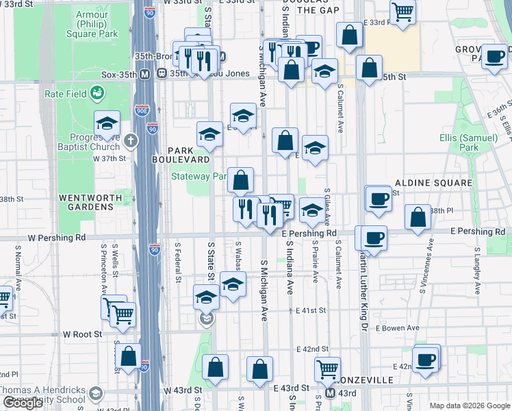 map of restaurants, bars, coffee shops, grocery stores, and more near 3837 South Wabash Avenue in Chicago
