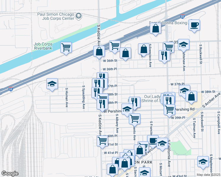 map of restaurants, bars, coffee shops, grocery stores, and more near 3140 West 38th Street in Chicago