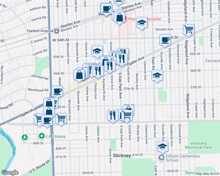 map of restaurants, bars, coffee shops, grocery stores, and more near 3711 Grove Avenue in Berwyn