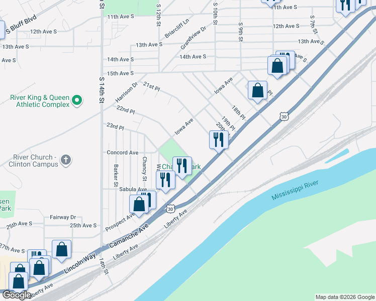 map of restaurants, bars, coffee shops, grocery stores, and more near 201-299 22nd Place in Clinton