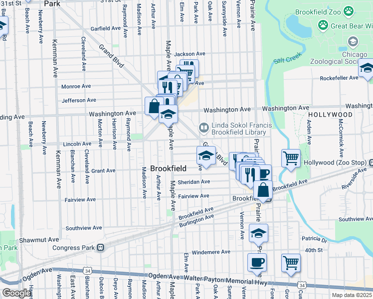 map of restaurants, bars, coffee shops, grocery stores, and more near 9122 Sherman Avenue in Brookfield