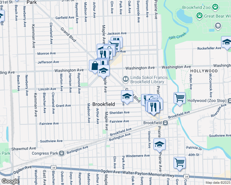 map of restaurants, bars, coffee shops, grocery stores, and more near in Brookfield