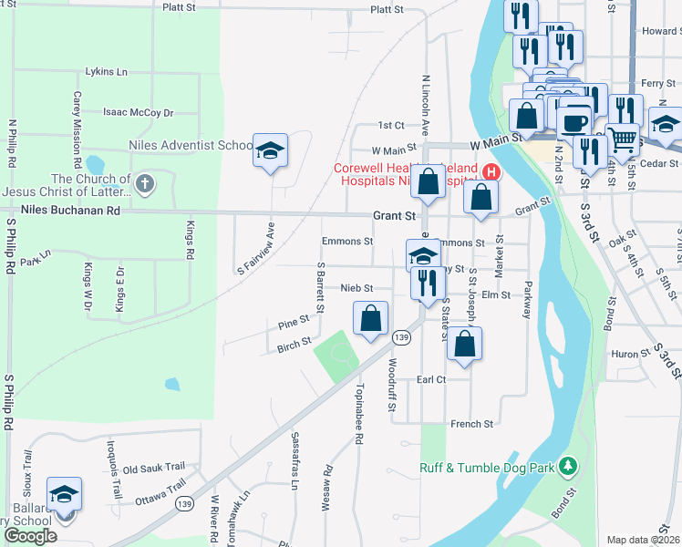 map of restaurants, bars, coffee shops, grocery stores, and more near 820 Nieb Street in Niles