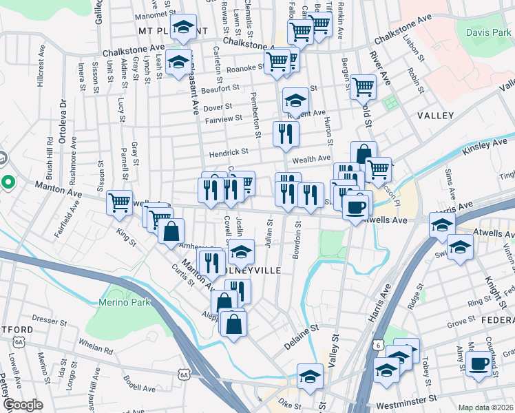 map of restaurants, bars, coffee shops, grocery stores, and more near 186 Julian Street in Providence