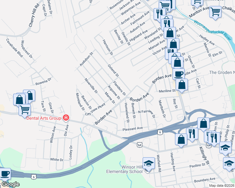 map of restaurants, bars, coffee shops, grocery stores, and more near 135 Borden Avenue in Johnston