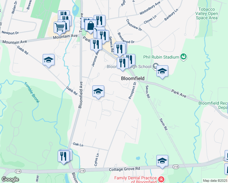 map of restaurants, bars, coffee shops, grocery stores, and more near 5 Cobblestone Road in Bloomfield
